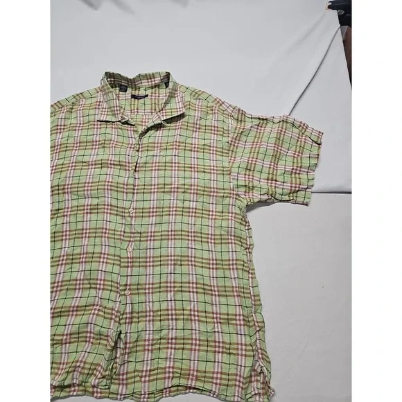 Vtg Burberry Men's Short Sleeve Linen Button Up Green Beige Check USA Made Sz XL - Picture 4 of 13